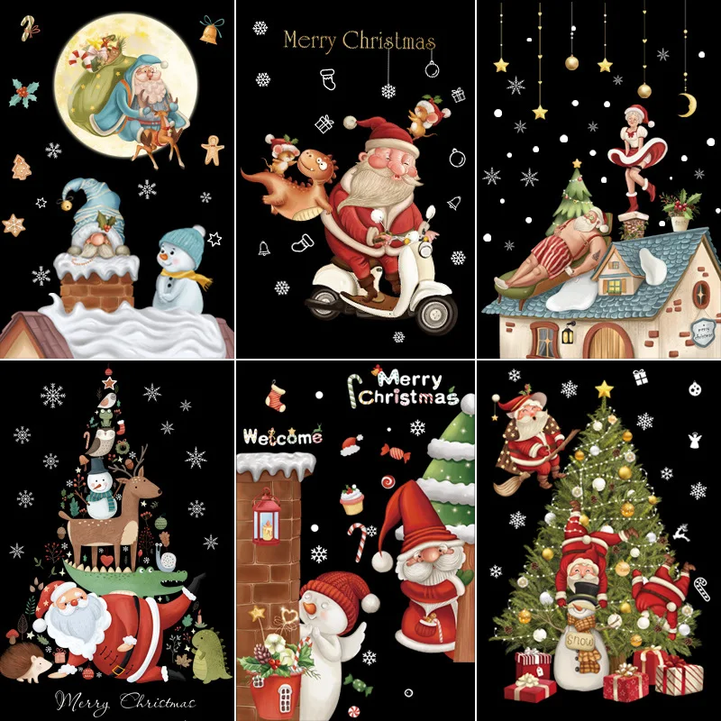 2024 Christmas Window Stickers Santa Claus Xmas Tree Cartoon Glass Decal Merry Christmas New Year Holiday Decorations for Home