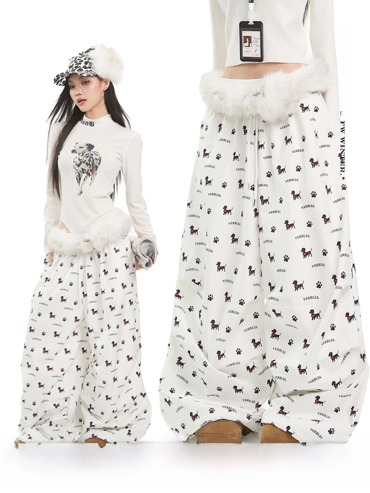 

American Sle Loose Casual Pants Women's Autumn Winter Slimming Wide Leg Pants Sausage Dog Print Comfortable Straight Leg