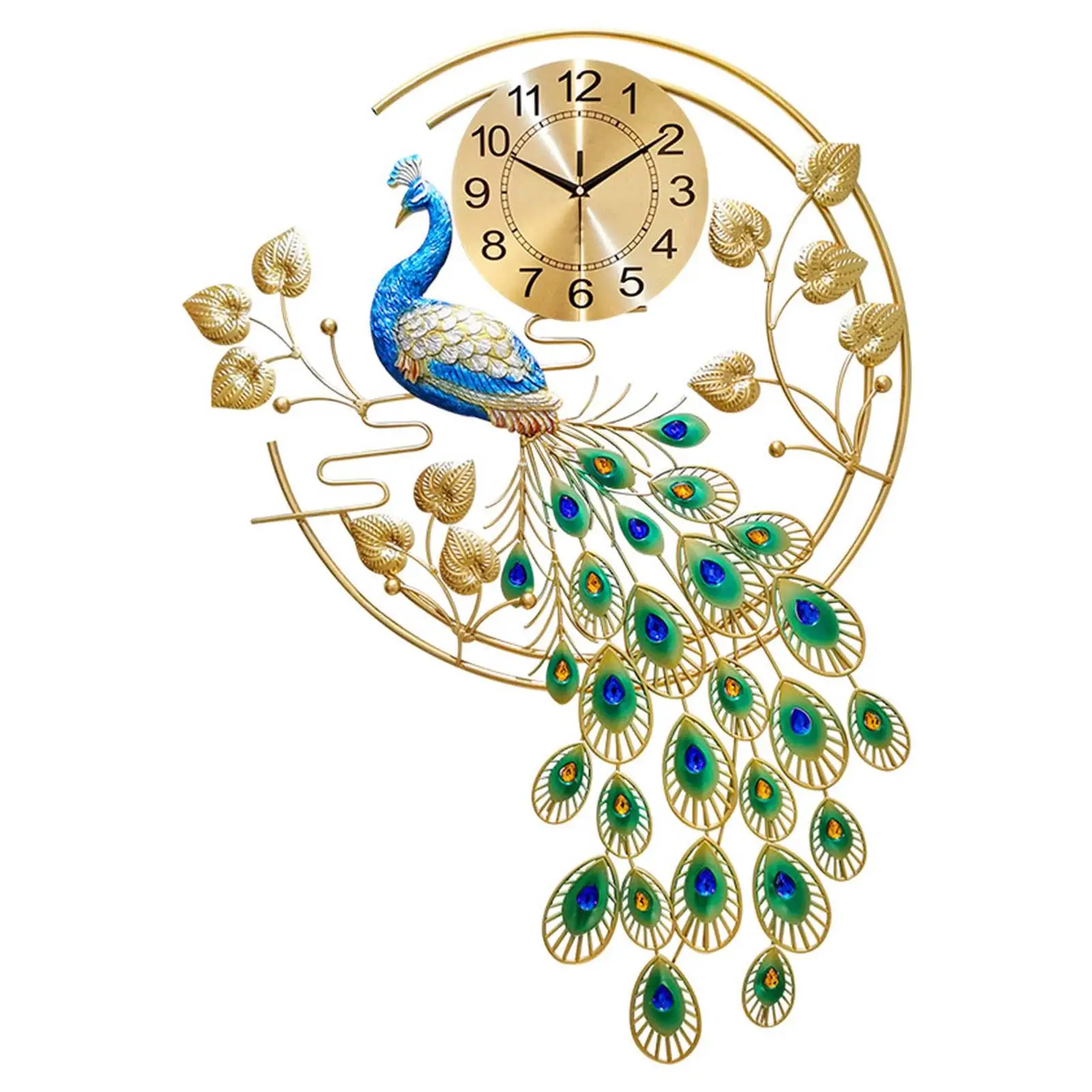 Peacock Wall Clock Non Ticking Ginkgo Leaf Fashion Metal Hanging Clocks Wall Watch for Cafe Bedroom Hallway Kitchen Decor