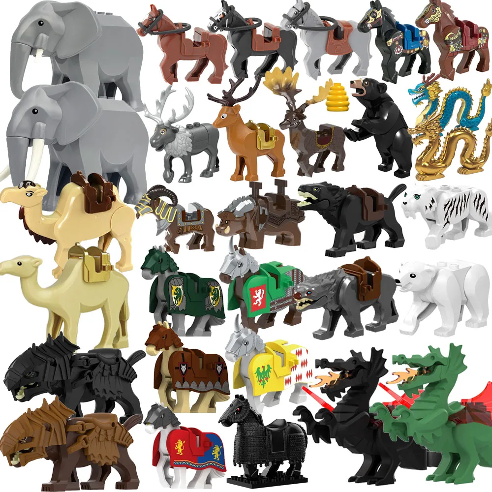 Middeleeuws kasteel Ridder Bouwsteen Afrikaans dier Olifant Tijger Kameel Herten Beer Draak Paard soldaat Schaap Zwijn MOC Speelgoedcadeau