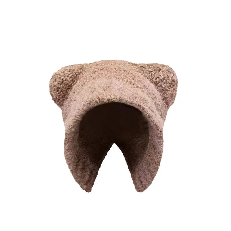 Hat Women's Winter Windproof and Cold Ear Protection Knitted Hat New Autumn and Winter Cute Bear Fluffy Wool Hat Beanies