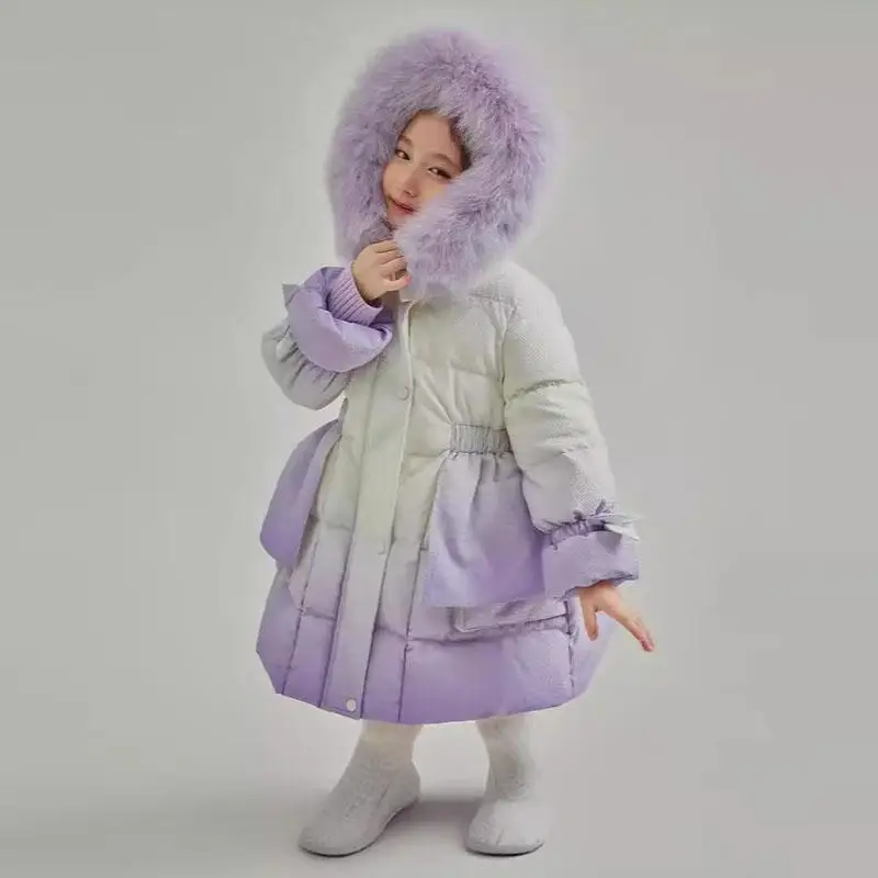 Hello Kittys Girls Cotton Padded Jacket Sanrios Kuromi Down Jacket Slimwaist Long Fur Hooded Parkas Warm Kids Winter Clothes