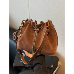 Women Vintage One Shoulder Bag Frosted Solid Drawstring Soft All-Match Bucket Bags High-Grade Versatile Commute Crossbody Packs