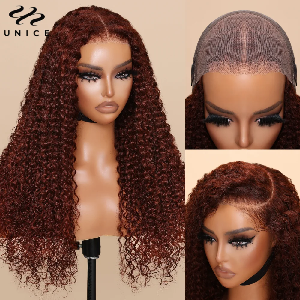 UNice Hair Pre Everything 13x4 Frontal Wig Reddish Brown Curly Human Hair Lace Front Wig Pre Cut Pre Bleached Pre Taped Lace Wig