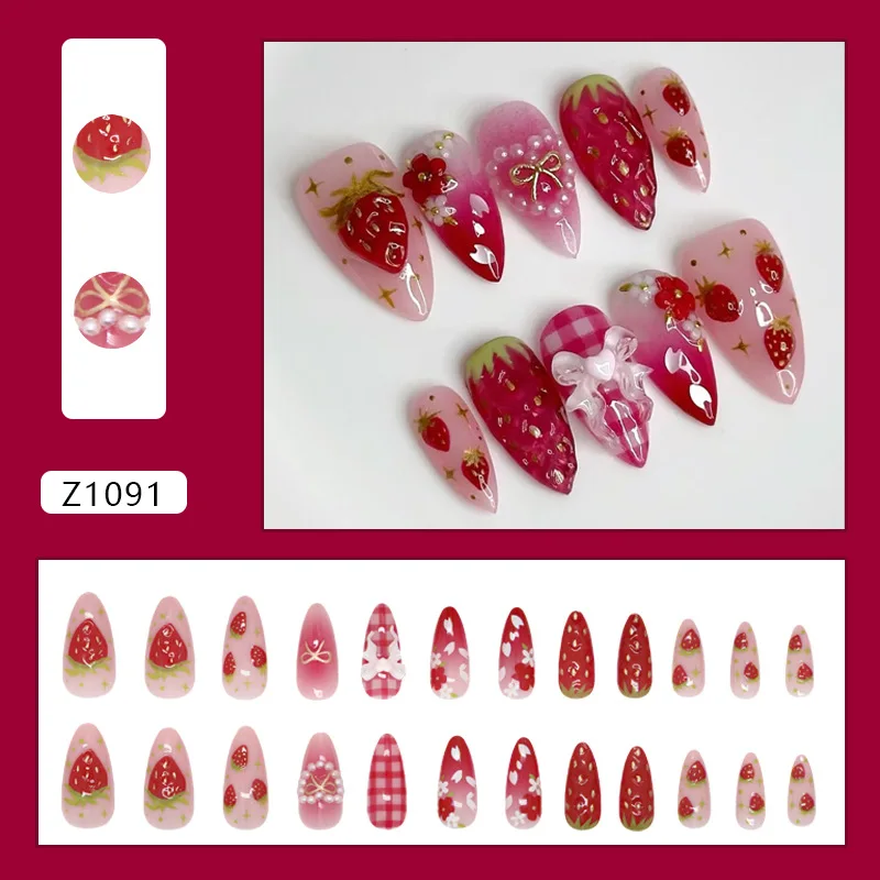 24pcs Sweet Red Strawberry Press on Nails 3D Pink Bow Design False Nails Wearable Detachable Ins Simple Almond Fake Nail Tips