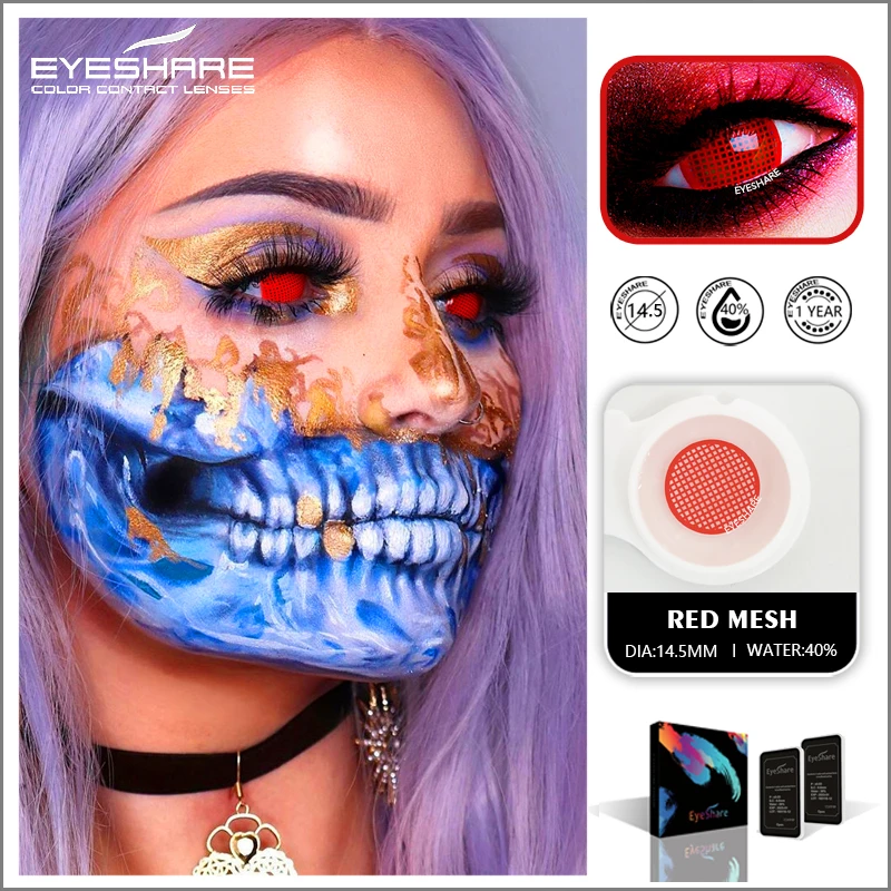 EYESHARE 1Pair Cosplay Colored Contact Lenses for Eyes White Mesh Contact Lens Red Crazy Lenses for Halloween Eye Contact Lenses