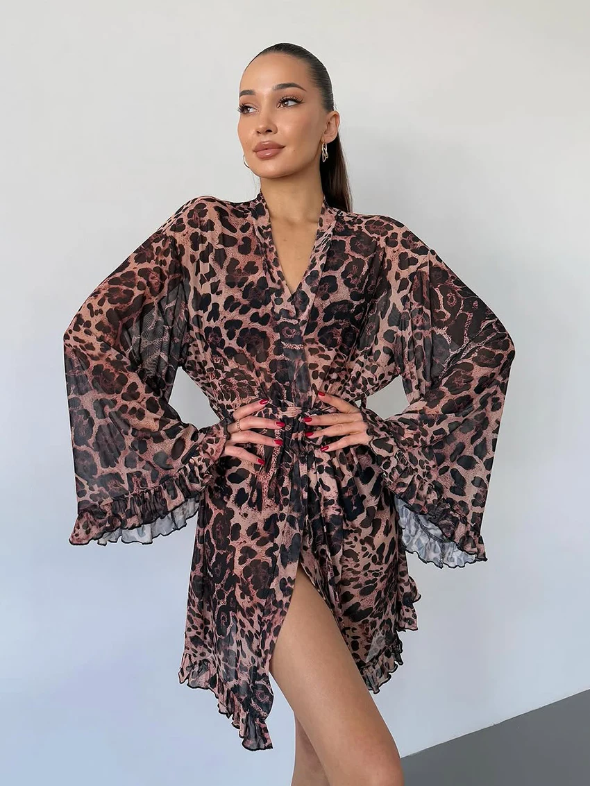 

Marthaqiqi женская ночная рубашка с леопардовым принтом, халат с длинными рукавами, пижамы на шнуровке, ночные рубашки с v-образным вырезом, мини-платье, повседневная женская одежда для сна