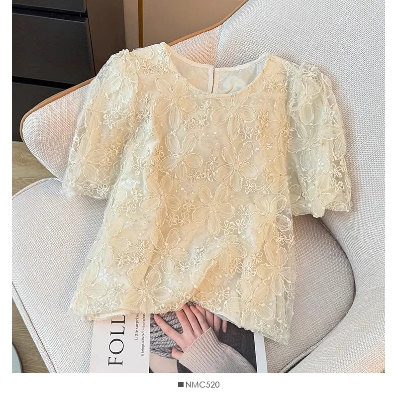 French Style Sweet Loose Elegant Top Heavy Work Sequin Florals Puff Sleeve Blouses 2024 Summer New Chic Fresh Fairy Blusas