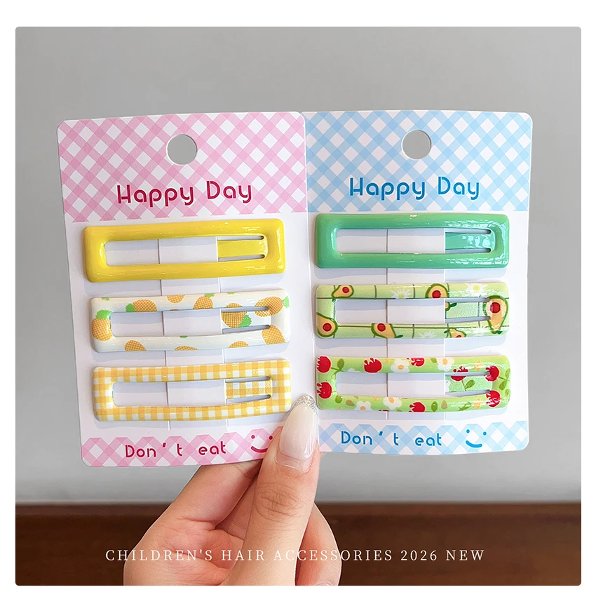 Neue koreanische 3-teilige Haarspangen-Sets mit kariertem, floralem und fruchtigem Muster für Frauen, Mädchen und Kinder, BB-Haarspangen, Mädchen-Haaraccessoires – Detail 10