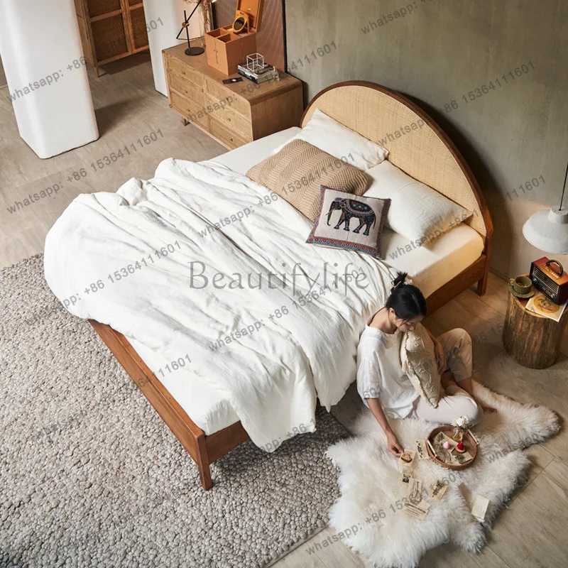 

Wabi sandy wind rattan woven ash wood solid wood bed retro rattan art double bed small apartment