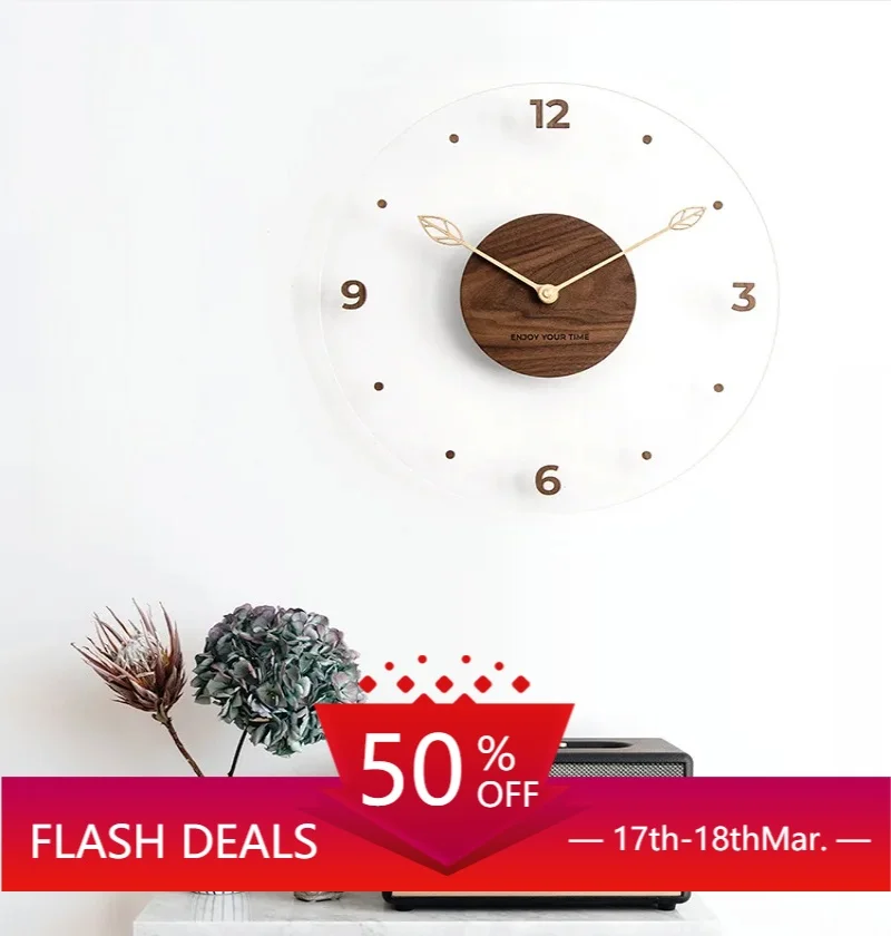 

Simple Nordic Black Walnut Wooden Wall Clock Creative Solid Wooden Acrylic Glass Home Living Room Decorative Clock