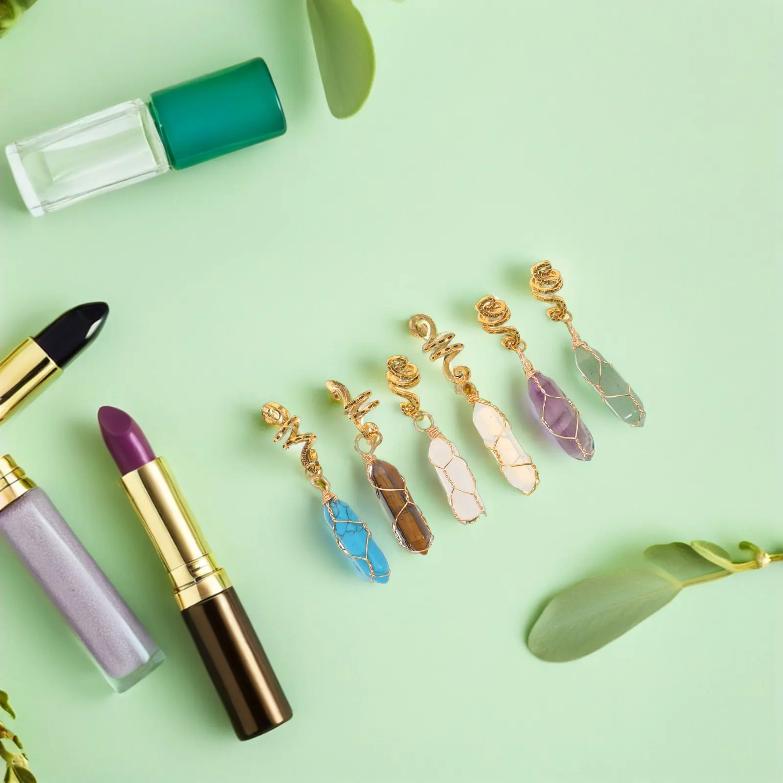 

6Pcs Natural Stone Dreadlock Charms: Vintage Wire Wrapped Hair Jewelry for Braids Women's Hair Ornaments Retro African Style