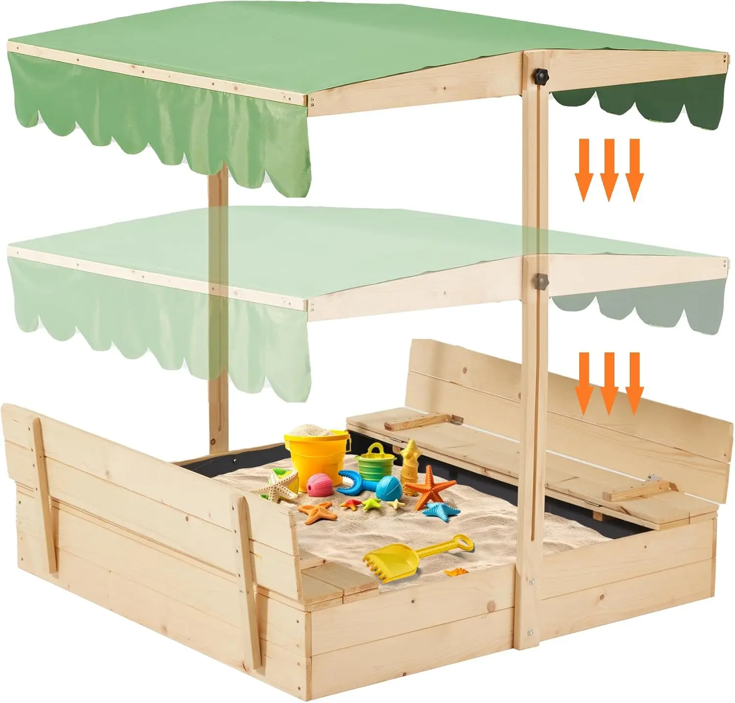 

Sandbox with Lid, Kids Sandbox with Cover,Wooden Sand Box with 2 Foldable Bench Seats,Adjustable Roof, Log Color-Green Top