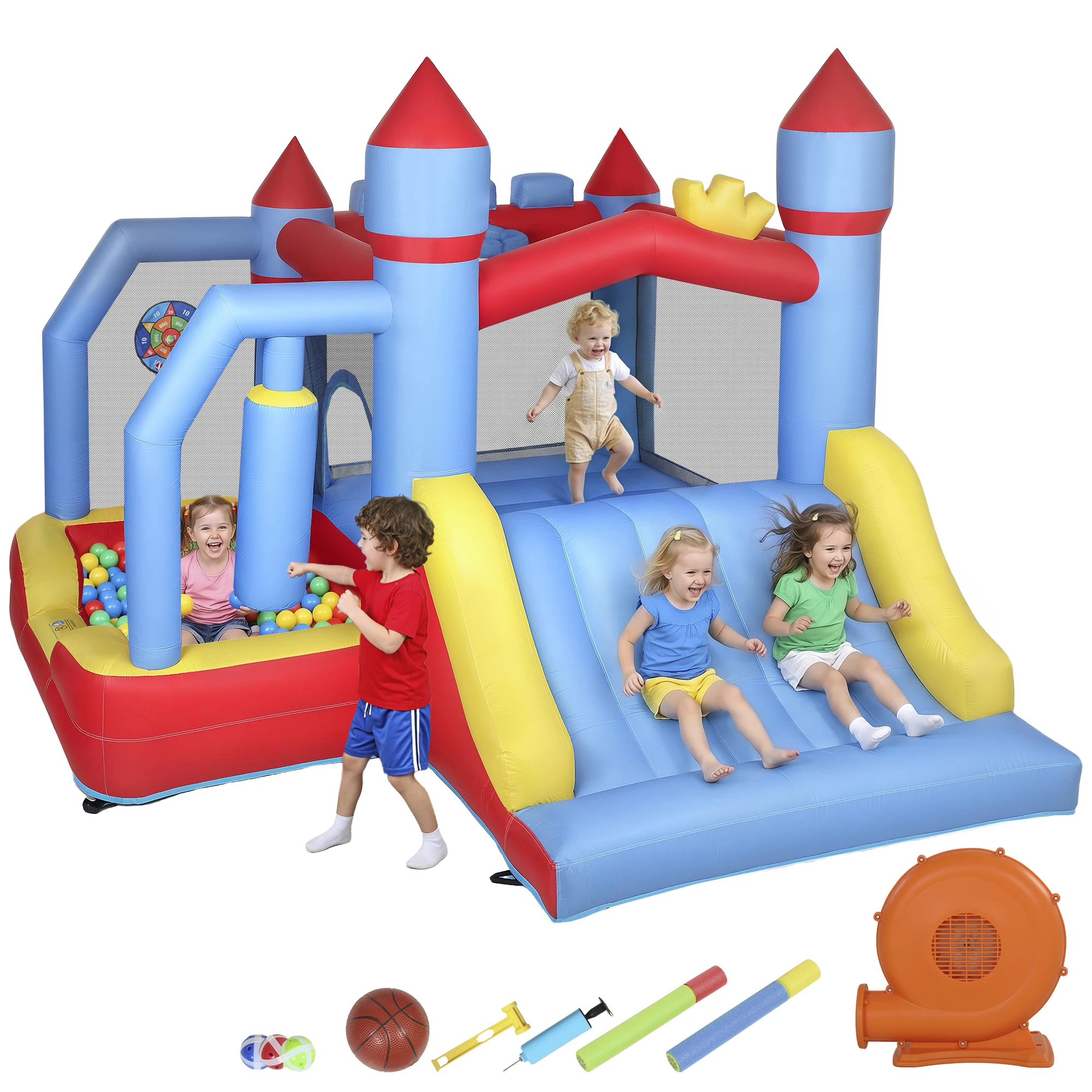 AIYAPLAY Castillo Hinchable para Niños con Soplador Tobogán Trampolín Piscina Pilar de Boxeo y Aro de Baloncesto 277x270x215 cm