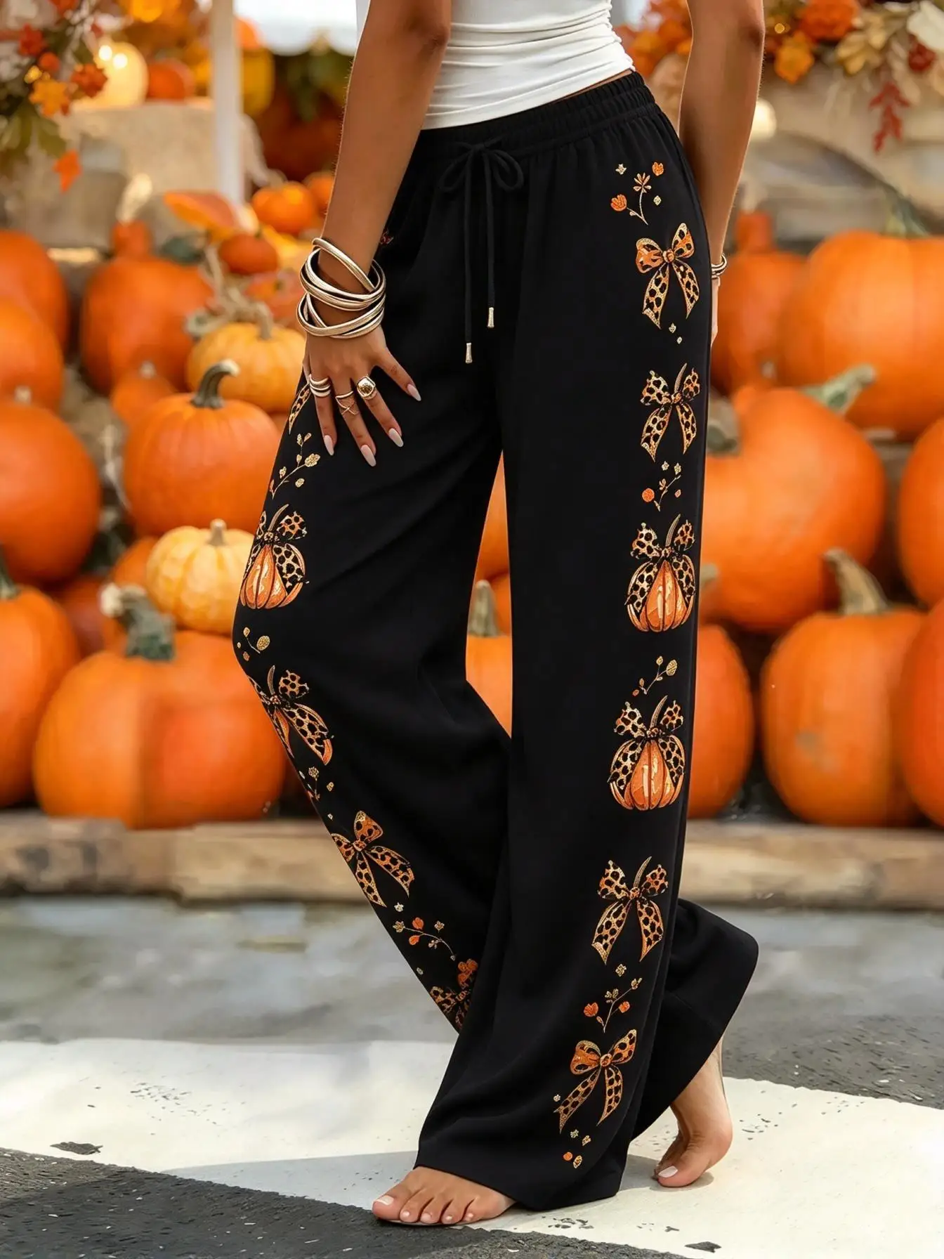 Women Low Waist Wide Leg Sweatpants Halloween Pumpkin Skull Bat Print Drawstring Loose Casual Trousers