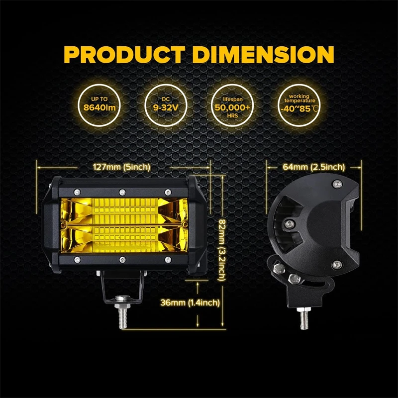 Luce da lavoro a LED da 5 pollici 12V 24V 72W Barra luminosa a LED gialla bianca Barra fascio spot Fso per auto fuoristrada Jeep Truck 4x4 Atv