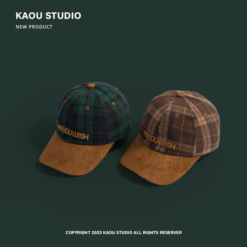 British Retro Plaid Duckbill Hats for Women Autumn and Winter Warm Korean Fashion Embroidery Color Matching Baseball Caps Men