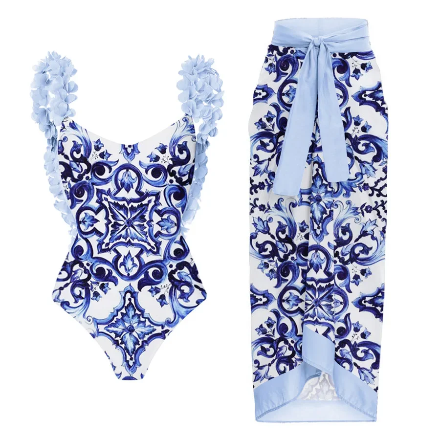 Retro One Piece Swimsuit Backless Applique Blue and White Porcelain Printed Pwimsuit Suit Women