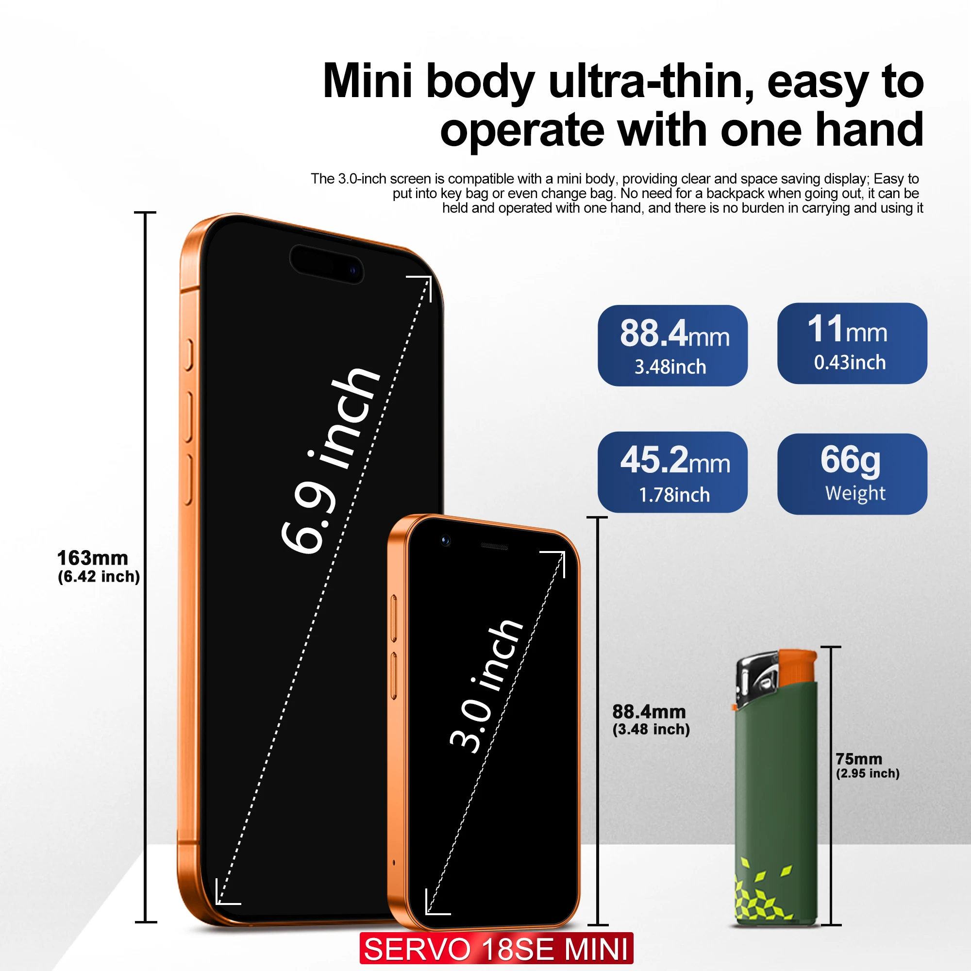 SERVO 18SE mini Android Pocket Smartphone 3G WCDMA Celular Face Desbloquear Celular 3.0 "Display 16GB WiFi 2MP Câmera Celular