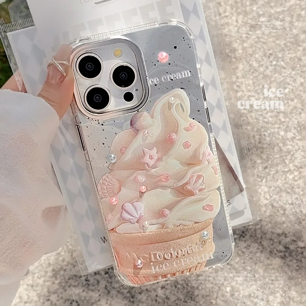 Summer Shell Ice Cream Colored Pearl Stickers Phone Case for IPhone16 15 14 12 13 11 Pro ProMax Plus X XR Shockproof Phone Cover