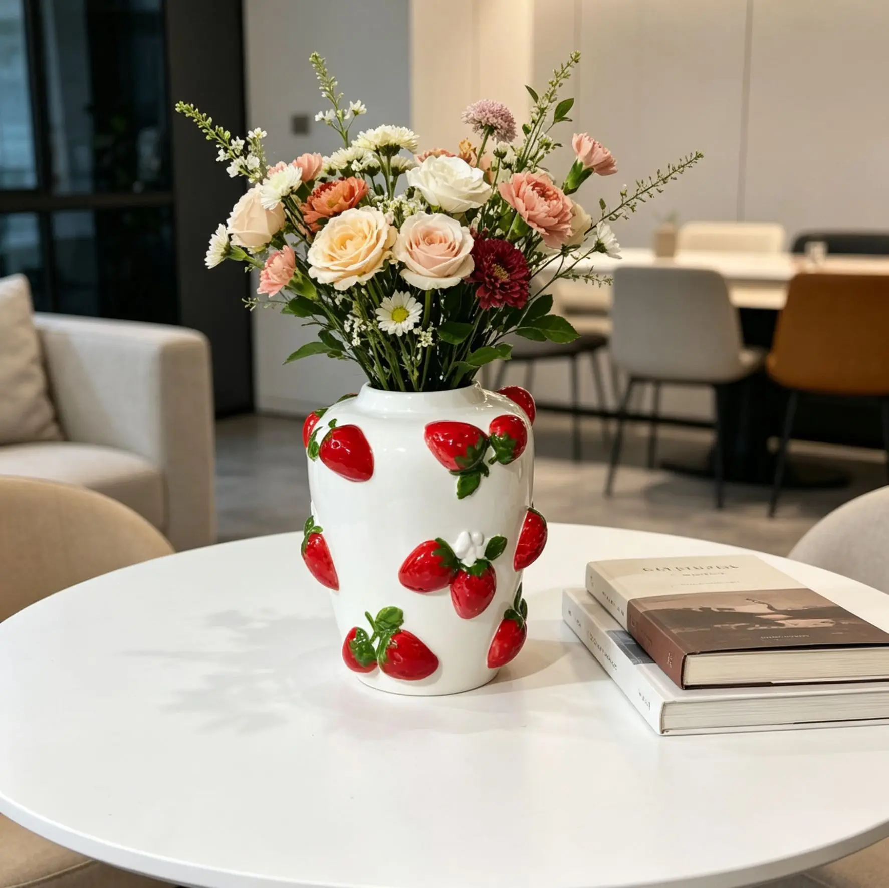Ceramic Strawberry Vase 3D Embossed Lemon Pattern Ceramic Vase Hand Embossed Fruit Decorative Vase Flower Arrangement Container
