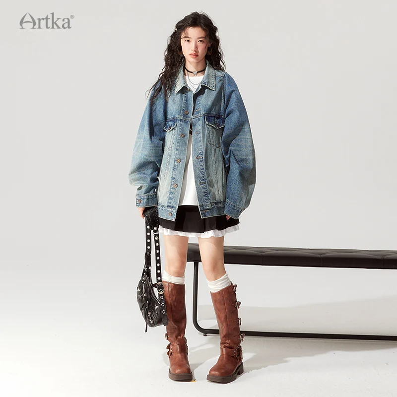 ARTKA 2023 Autumn New Women Denim Jacket Fashion Casual Streetwear Jackets Oversize Vintage Washed Denim Jacket Coat WN92337Q