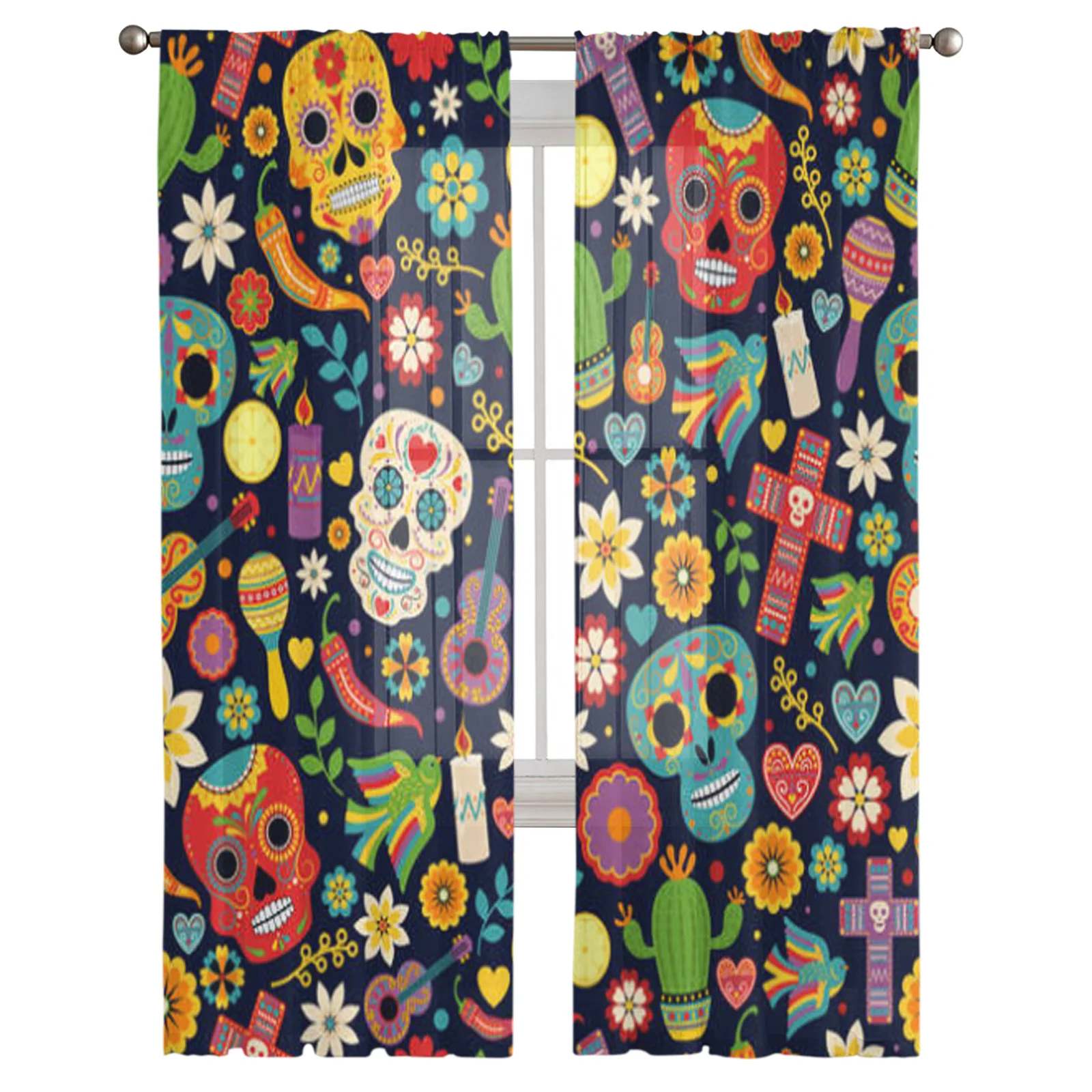 Dia De Los Muertos Skull Sheer Curtains for Living Room Transparent Tulle Window Curtain Bedroom Kitchen Home Decor Veil Drapes