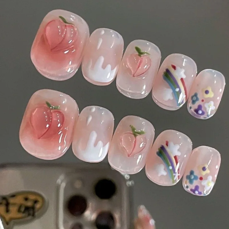 Professional Press on Short False Nails Handmade Removable Pink Peach Rainbow Manicure Decoration Nail Art Manicuree False Nails