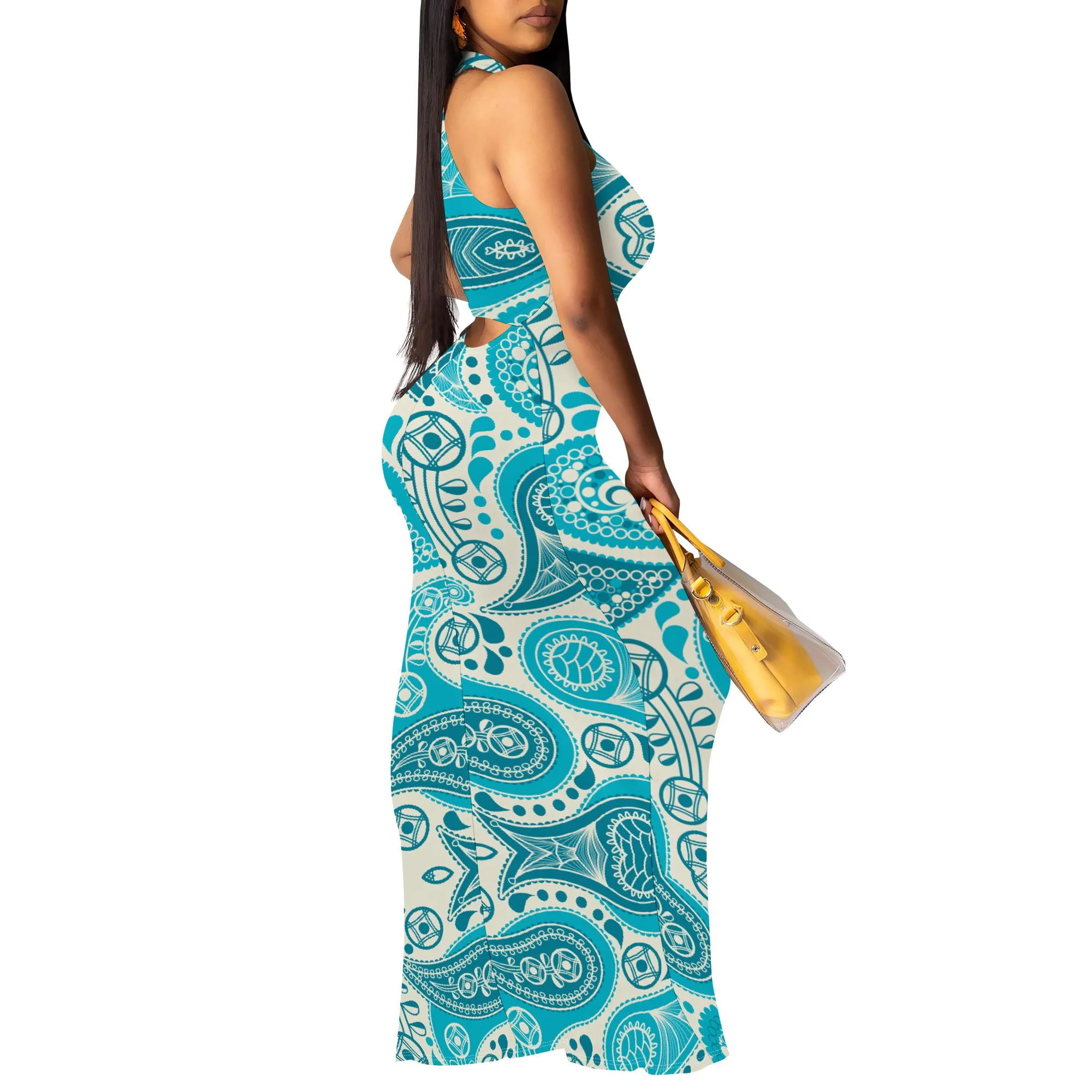 여름 해변 파티를 위한 블루 페이즐리 보호 홀터넥 바디콘 맥시 드레스 민소매 롱 드레스