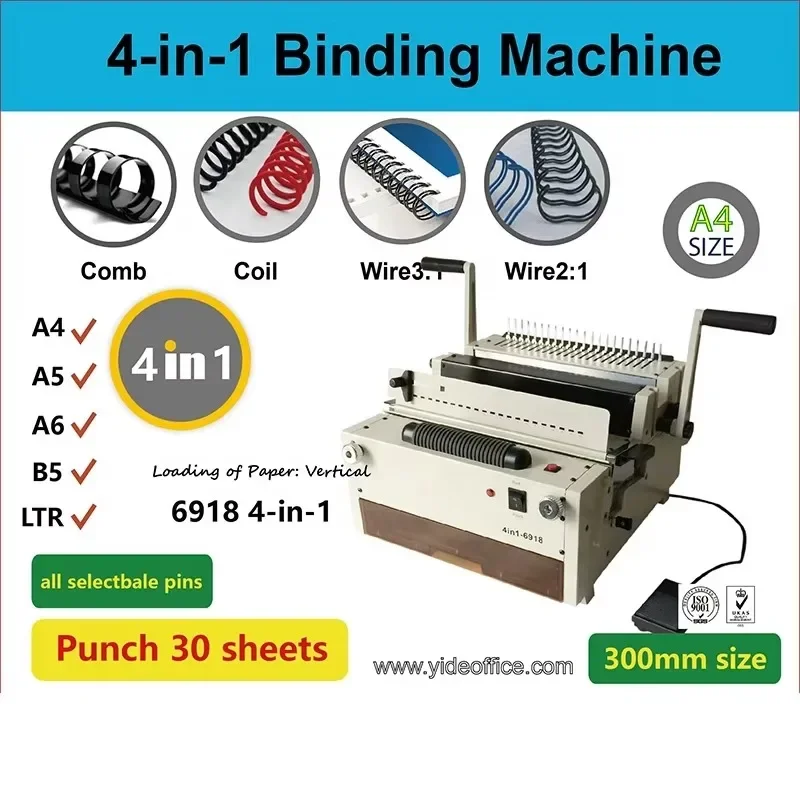 6918 Four Molds Book Binding Machine Wire Spiral Binder Punching Binding Machine Coil Comb Binder Machine