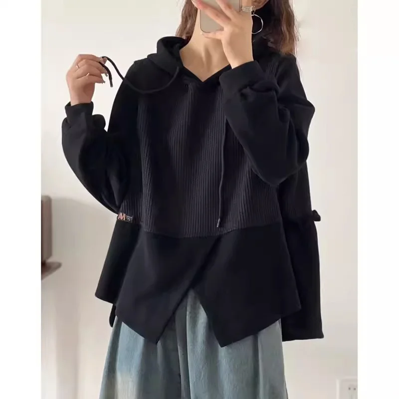 

2024 Spring and Autumn New Loose Women's Sweater Hooded Irregular Top Popular Women's Wear Small stature Solid Color Commuter S8