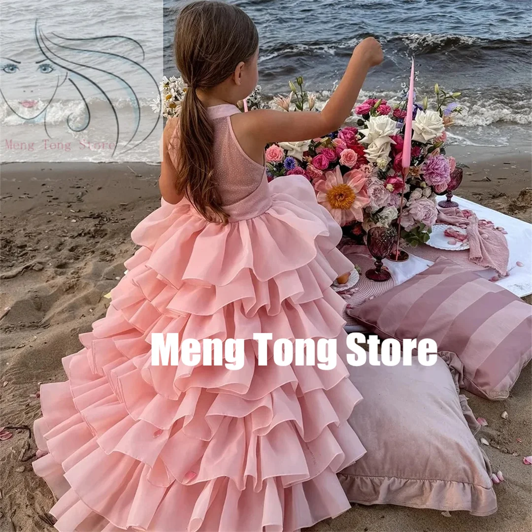 

Customized Flower Girl Dress Halter Tiered Pleated Floor Length Sleeveless Kids Lovely Birthday Party Bridesmaid Prom Gowns