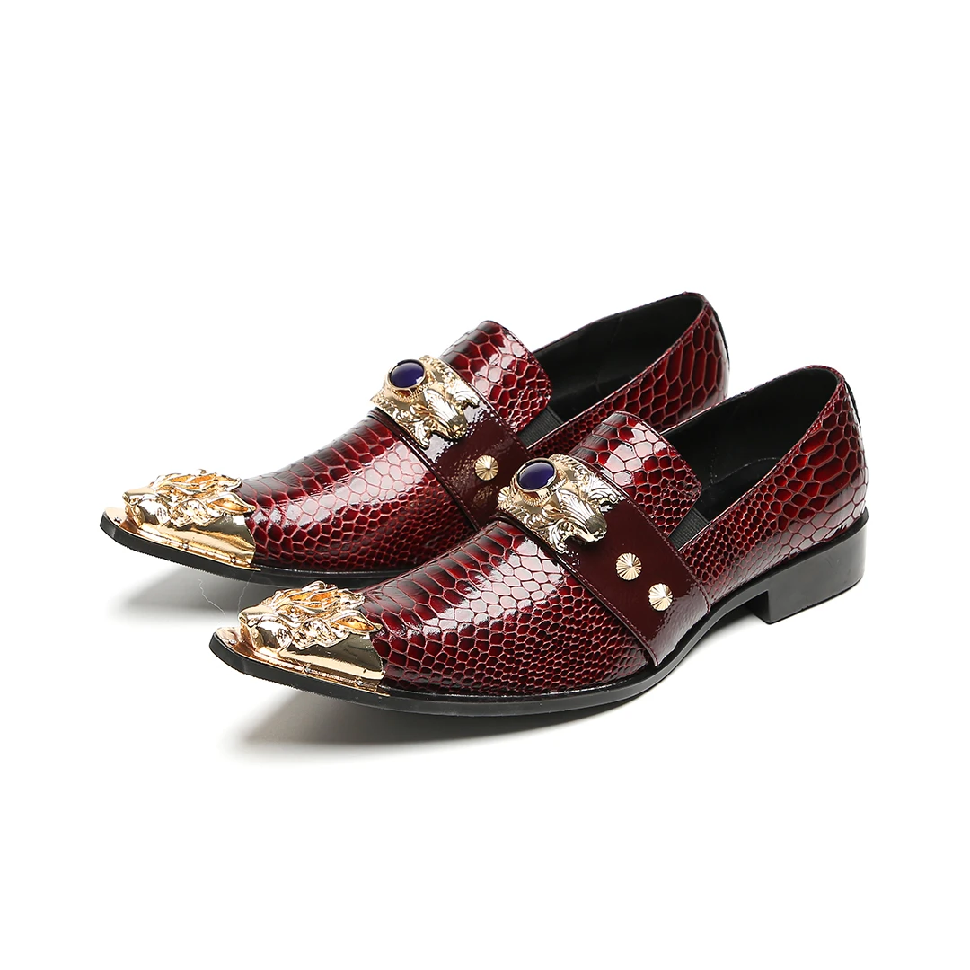 Herrenschuhe aus echtem Leder in Weinrot mit Schlangenmuster, goldener Tiger-Schnalle und violettem Edelstein-Dekor, urbanes Modeschuhwerk für Partys – Detail 7