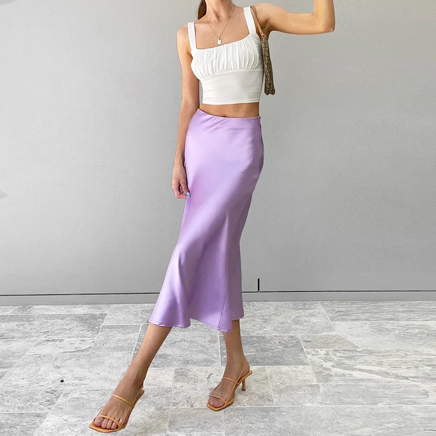 

Fashion Silk Satin Skirts for Ladies Office High Waisted Skirt Woman A-Line Elegant Skirts Female Midi Skirt Korean Summer Fall