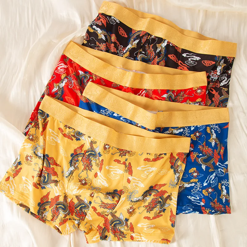 

Мужские боксеры в китайском стиле, королевские трусы с принтом дракона, эластичное комфортное нижнее белье-боксеры, дышащие мужские шорты больших размеров