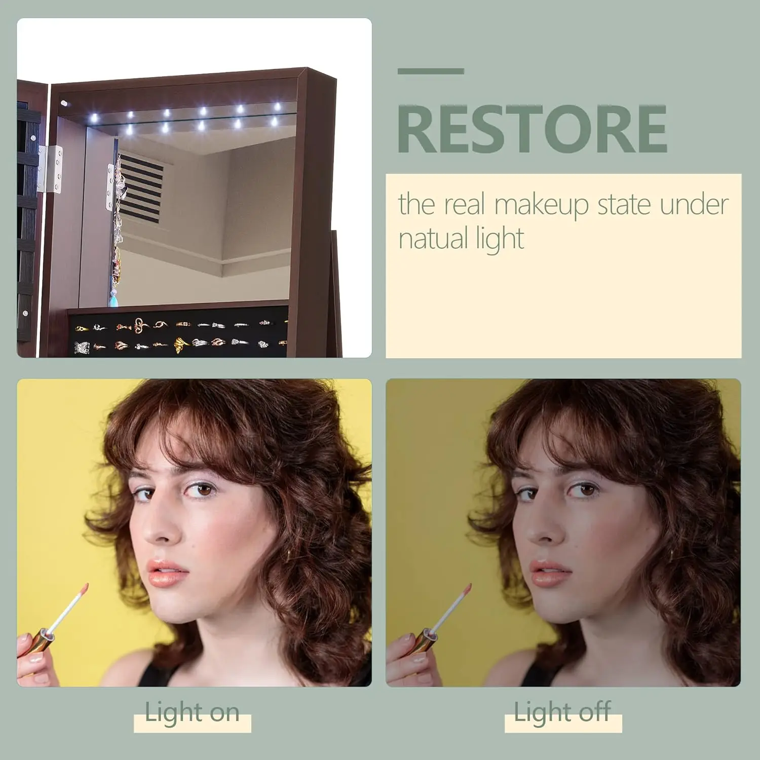 Full Mirror Jewelry Cabinet com LED Light, Standing Mirror com Jewelry Storage, 360 ° Rotating