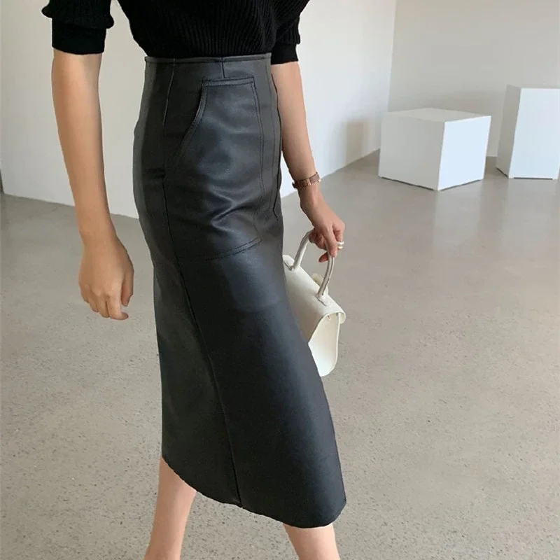 DAYIFUN-PU Leather Skirts Women High Waist Pocket Package Hip Skirt Front Split Midi Pencil Skirt Female New Autumn 2024 Clothes