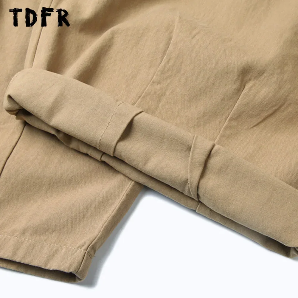 Solid Color Cargo Pants Mens Amekaji Safari Style Elastic Waist Loose Wide leg Trousers Men