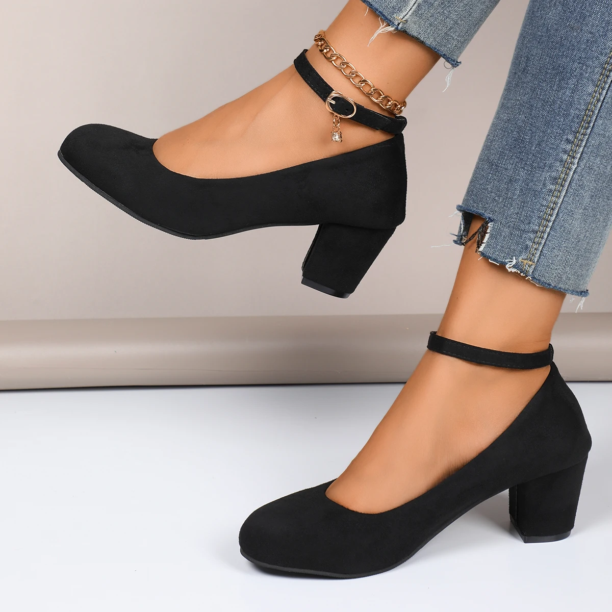 Women Pumps New Autumn Thick Heels Shoes for Women One-line Buckle Shallow Mouth High Heels Women Large Size Sexy Work Pumps