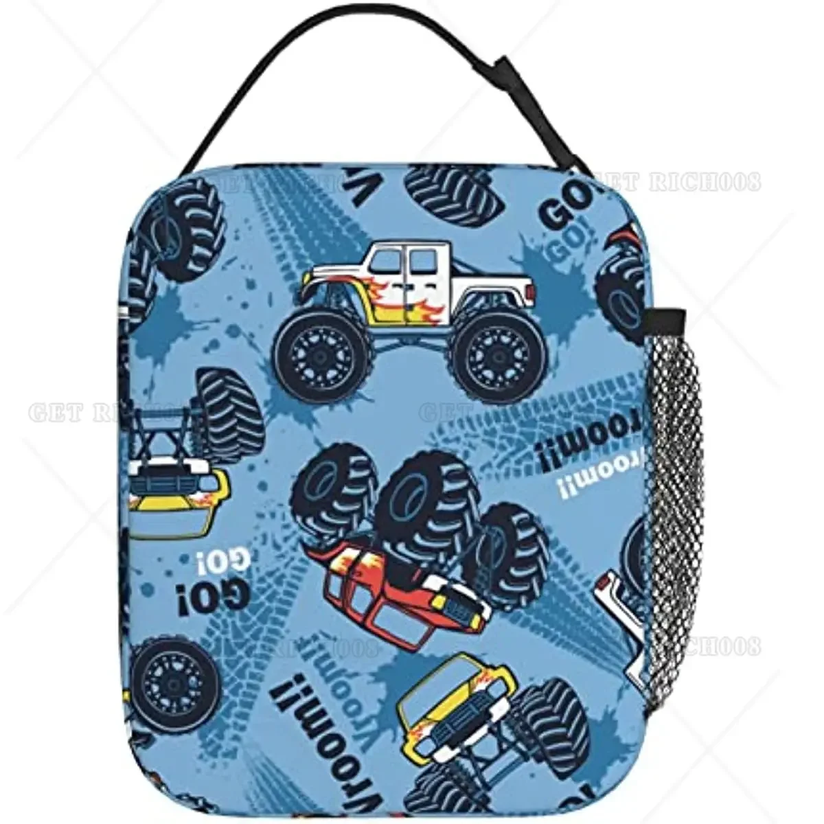 Monster Truck Cars Pattern Lunch Bag Insulated Portable Reusable Lunch Box with Zipper for Women Men Picnic Beach for Kids