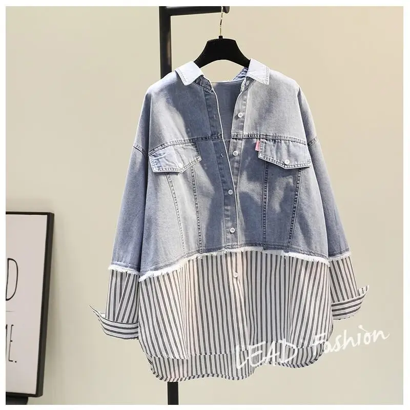 Fake Two Denim Patchwork Shirt Jacket Striped Fringe Casual Shirt Cardigan Korean Fashion Shir Tblouses Women Clothing Tops