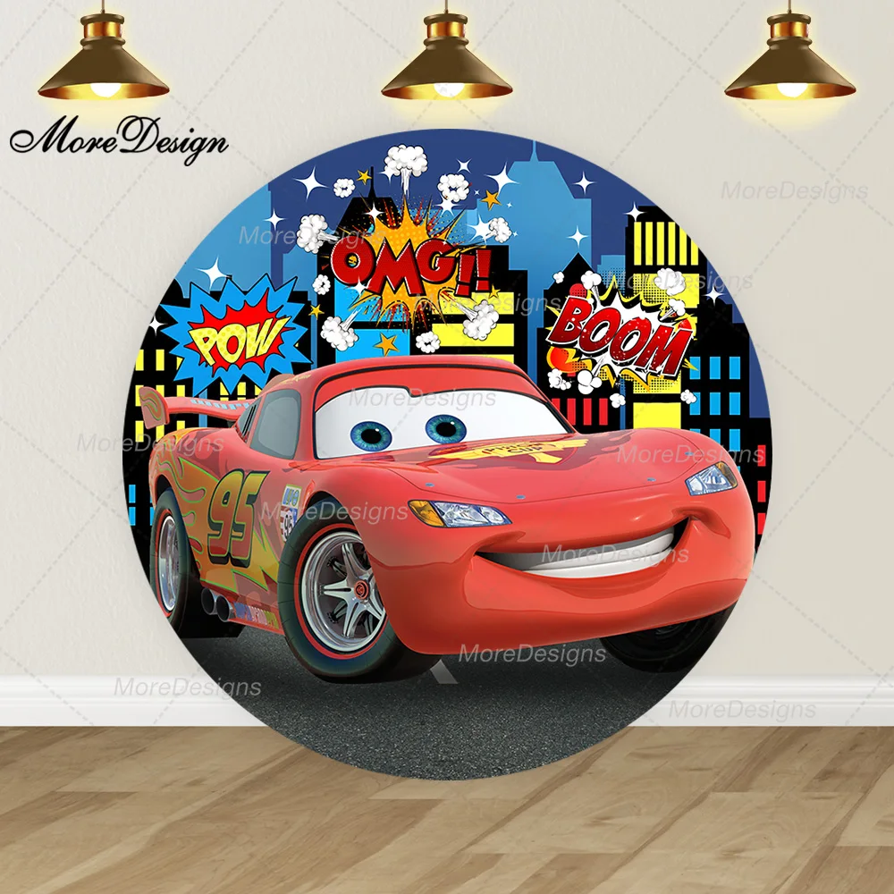 Disney Cartoon Cars Photo Backdrop Boys Birthday Party City Building Round and Cylinder Covers Fabric Photography Background