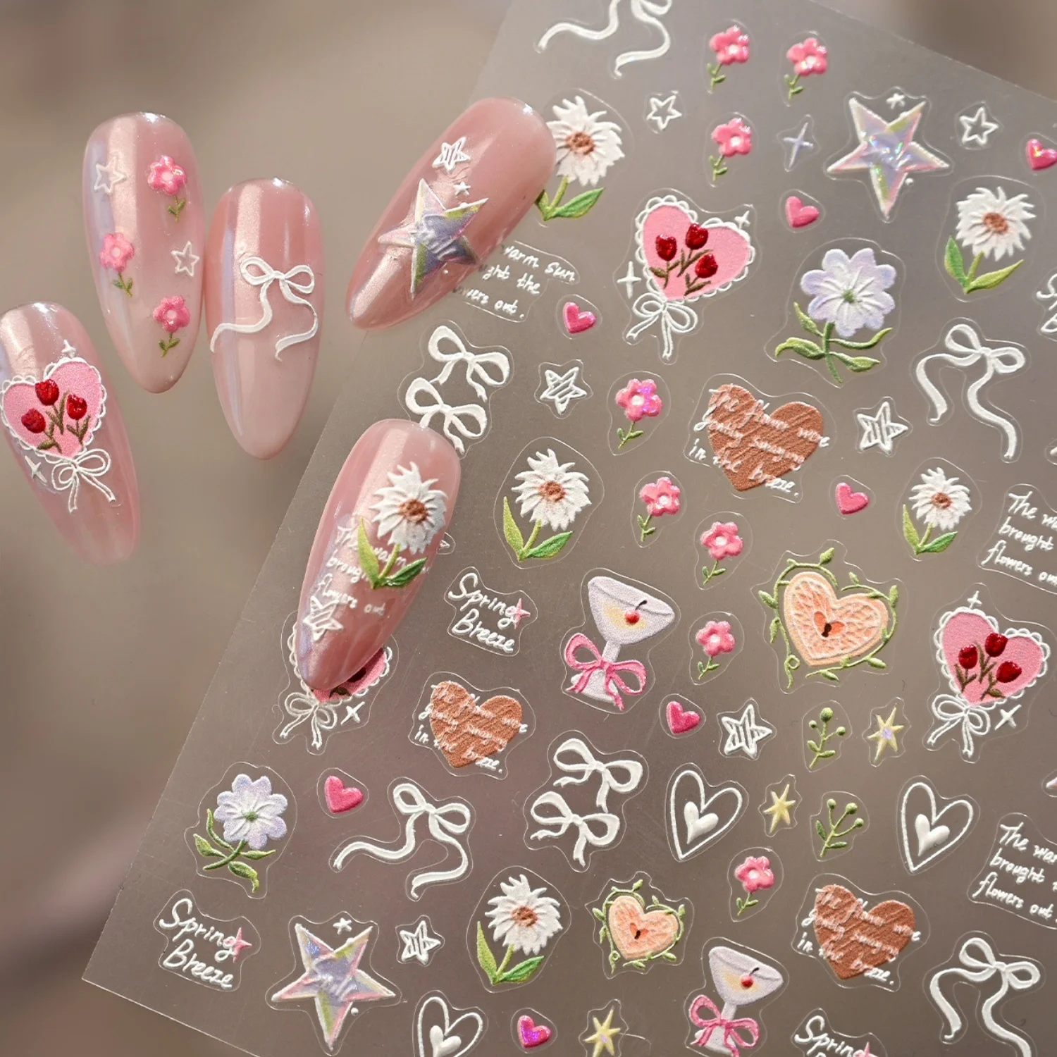 1 unidad de pegatinas para uñas 5D con diseño de margarita, corazón, nácar, estrella, cinta, rosa y poema inglés, estilo floral rústico, fresco y delicado, para decoración de uñas de primavera.