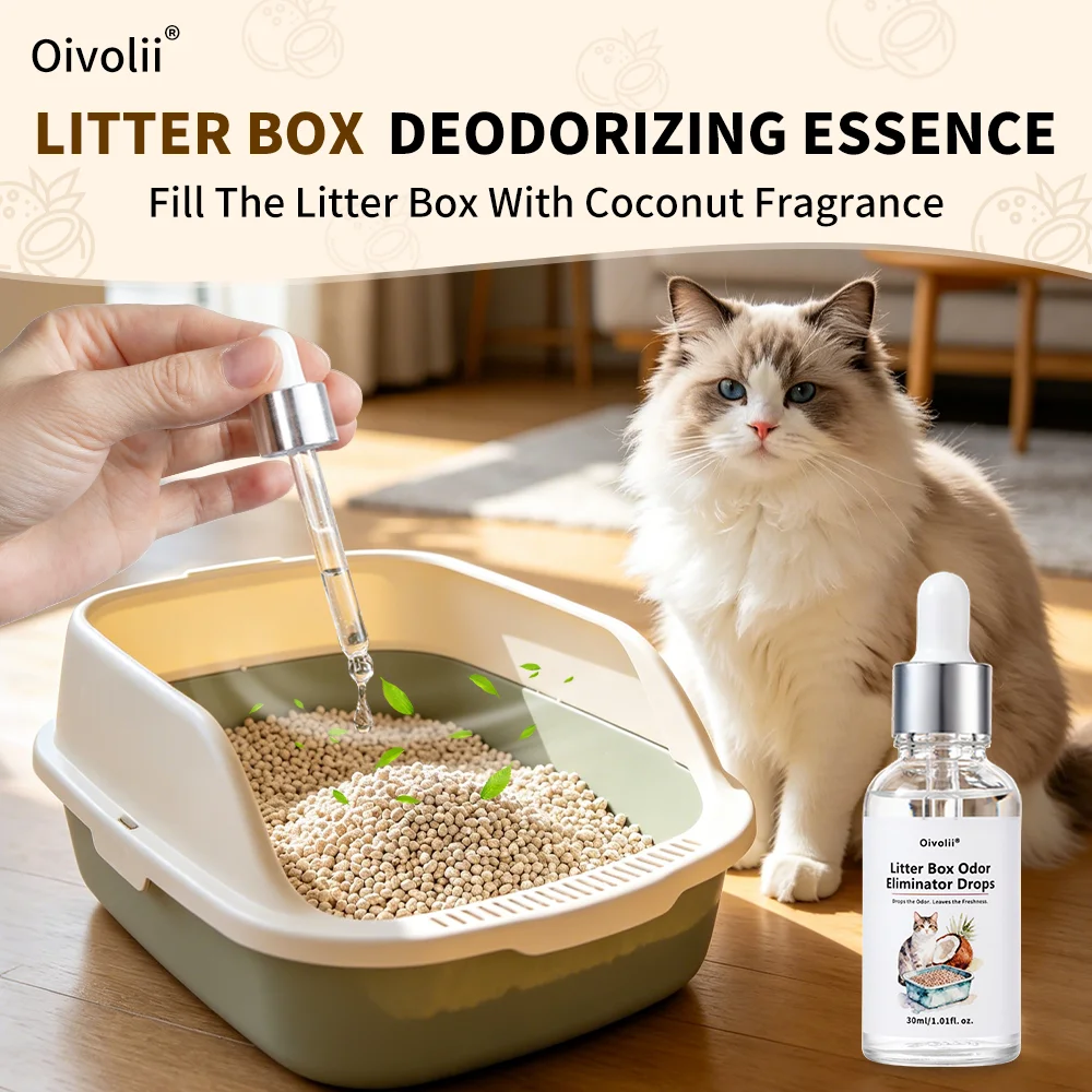 Gouttes désodorisantes pour litière, neutralisent instantanément les odeurs tenaces d'urine et de déjections, parfum frais de noix de coco et compatibles avec toutes les types de litière