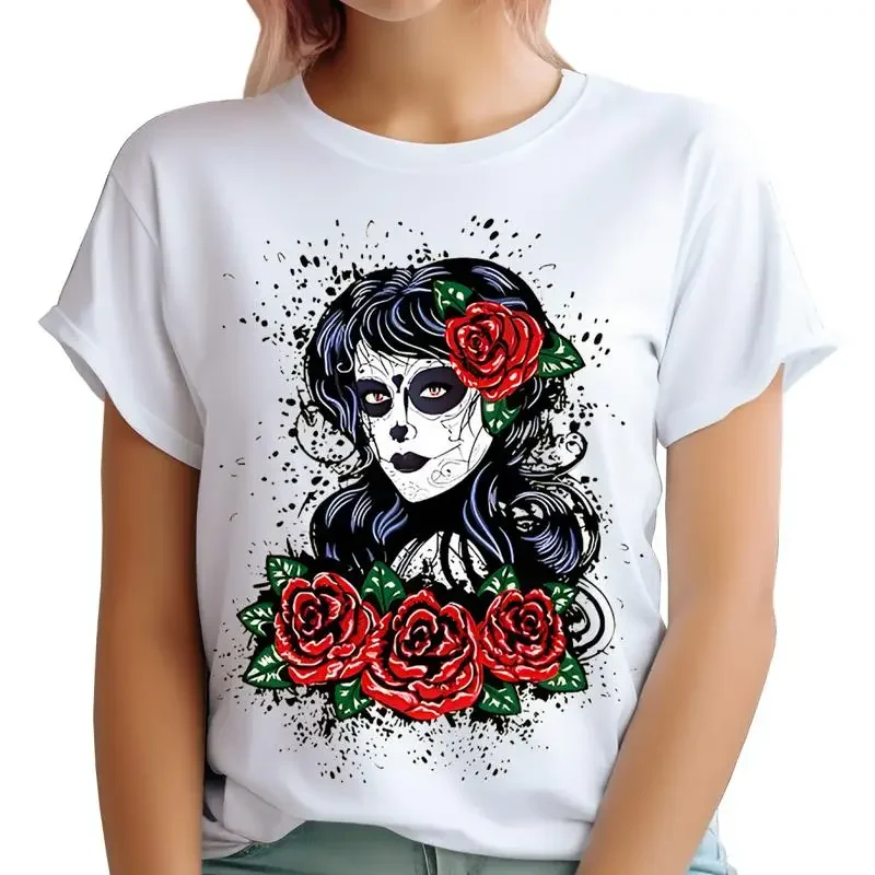 Day Of The Dead Sugar Skull Woman T Shirt Dark And Flowing Red Roses