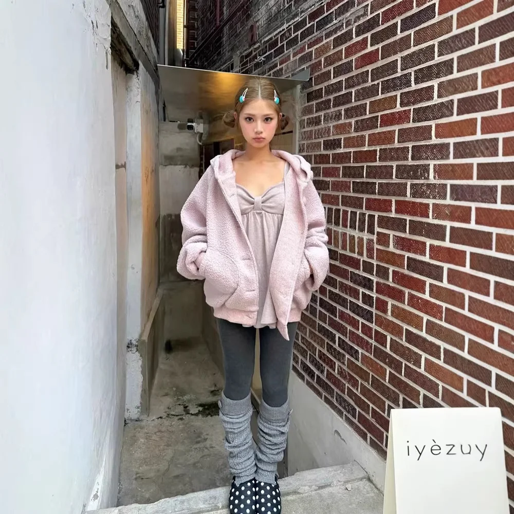 

Warm Lamb Fur Jaet Loose Casual Color Hooded Outerwear Spring 2026 Women's Faion Thiened Polyester Fabric Zipper ...