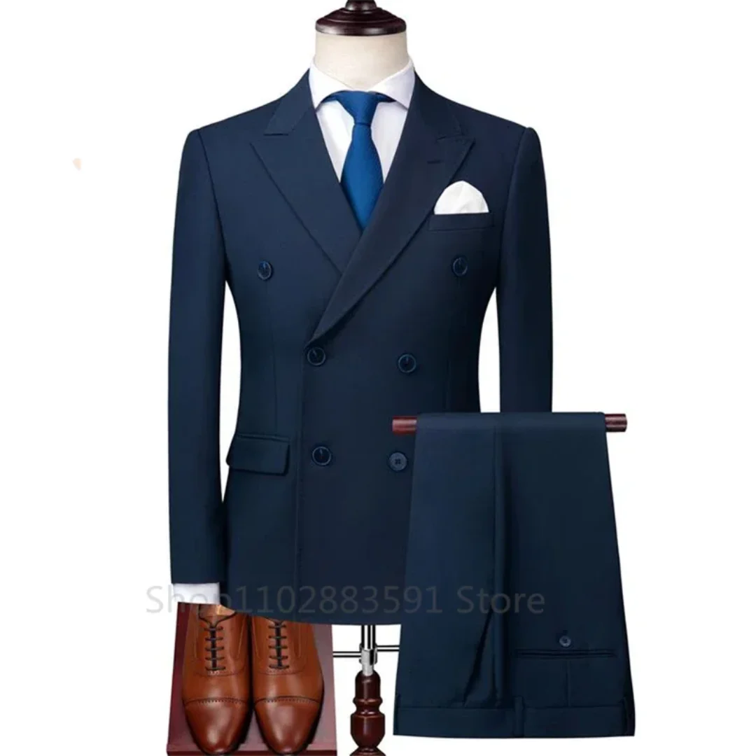 2 Slits Men's Double Breasted Suits Terno Masculino Men's Peak Lapel Formal Suits Slim Fit Business Set (Jacket +Pants )