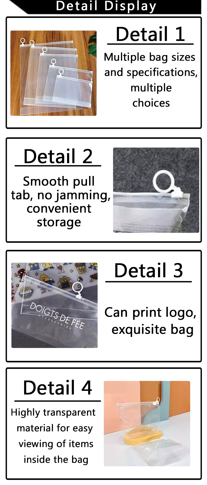 50 Stück transparente Beutel mit Zuglasche, Plastiktüten, Reißverschlussbeutel, Geschenkbeutel für Handtücher, Kosmetikverpackungsbeutel, unterstützt individuelles Logo – Detail 3