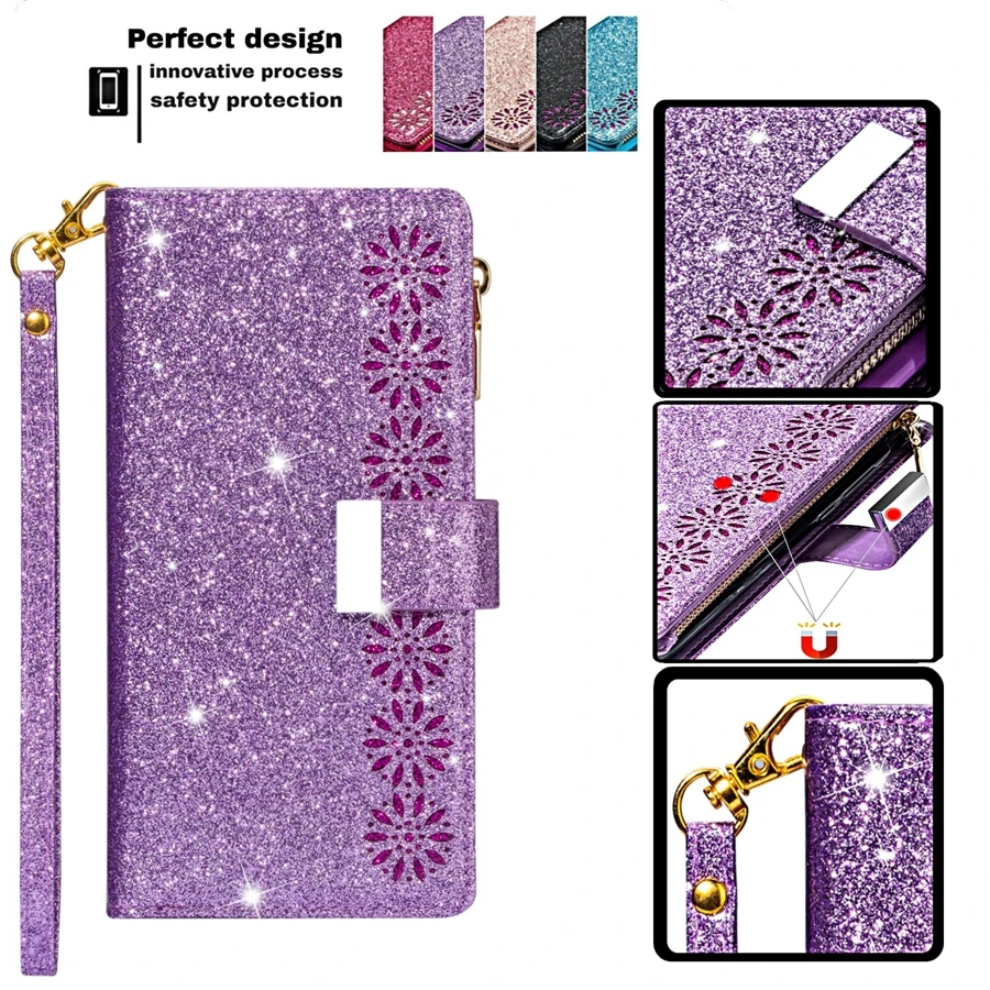 Wallte Glitter Leather Case For Xiaomi Redmi 10C 9A 9C Note 11S 11 Pro 10 Pro 9 Pro Poco C40 X4 GT M4 Pro F4 11T 12 Pro 12 Lite