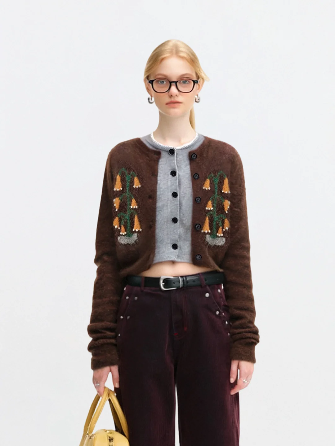 

AHMI Wild Botanist Lazy Sle Coffee Color Sweater Winter Girl Color Blo Flower Pattern Knitted irt Loose Fit Long Sve